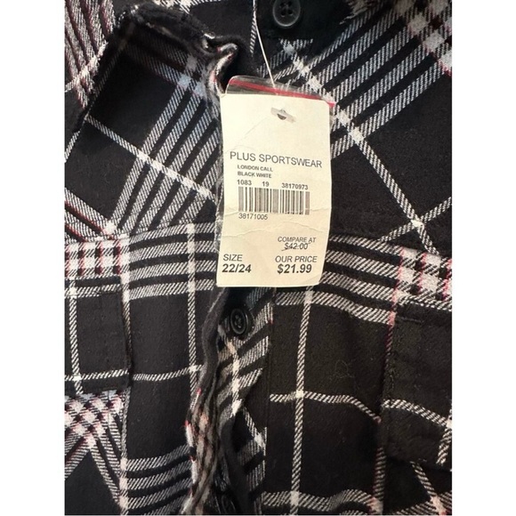 Plus Size 22/24 Black Plaid Button Front Tunic Shirt Longline Flannel - Picture 4 of 8